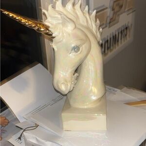 Vintage Iridescent White Unicorn Bust Sculpture with Gold Horn